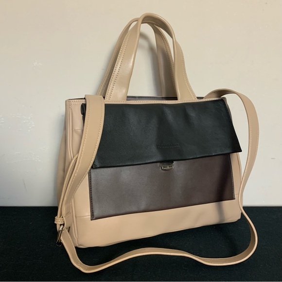 PERLINA Beige Brown Black COLORBLOCK Audrey LEATHER Convertible BAG Purse - Picture 3 of 7